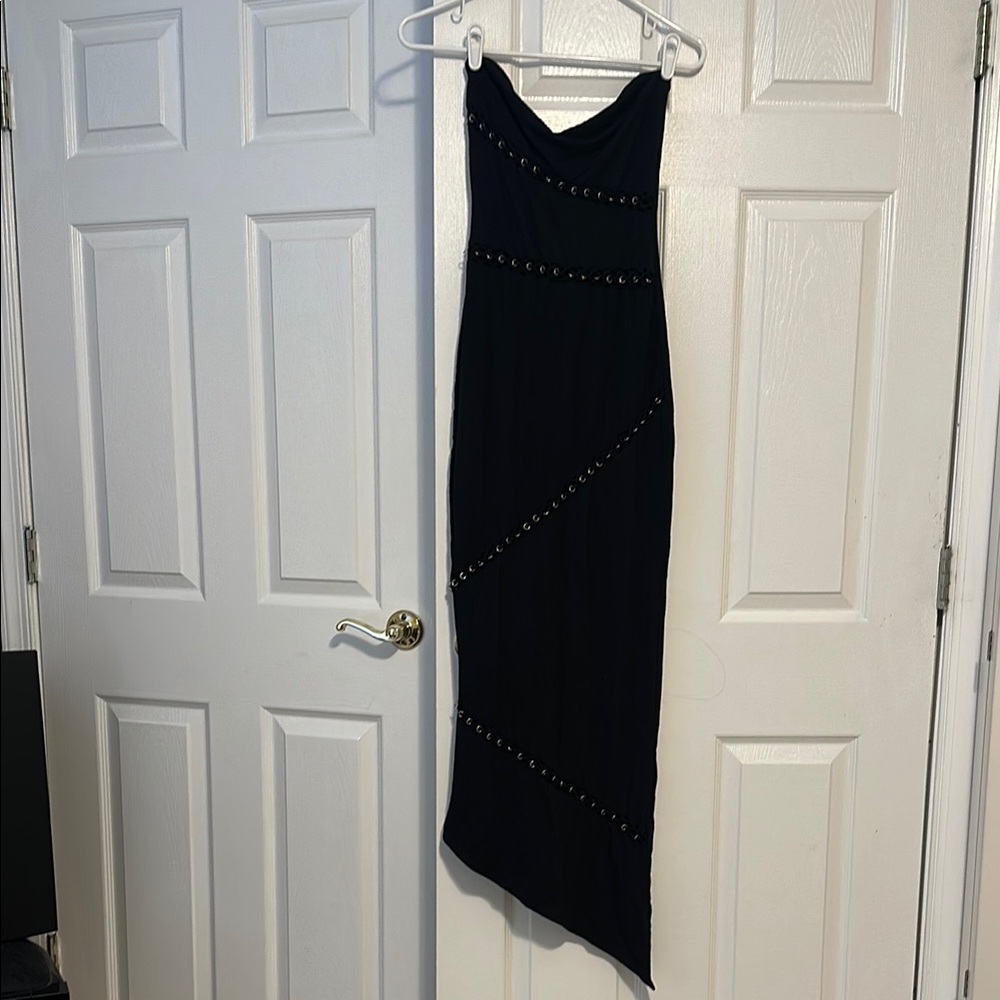 NEVER WORN I AM GIA black midi dress with silver ring detail asymmetrical bottom